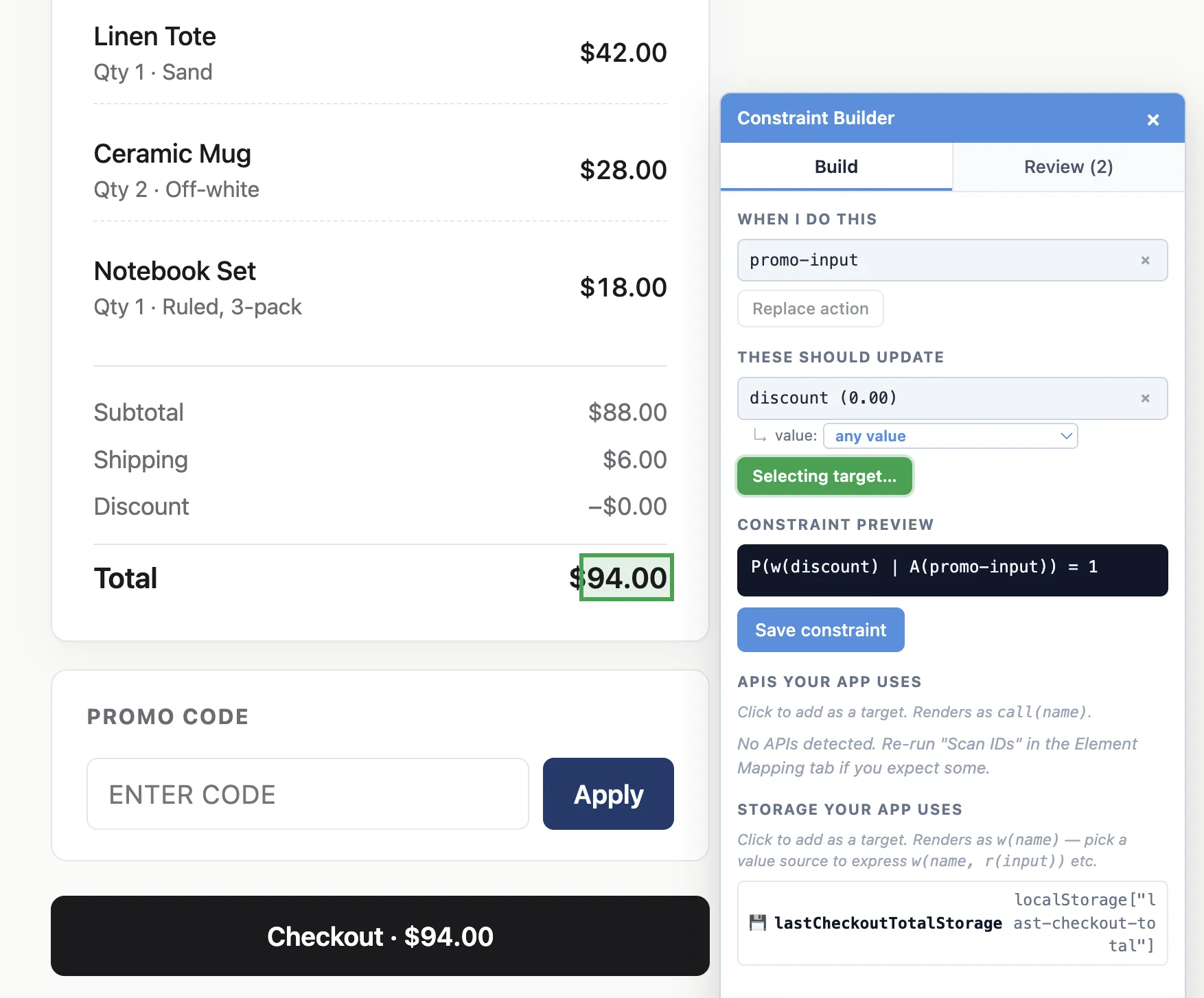 The process of authoring a constraint via the overlay. The user selects the promo input as the action and discount as a write target, and is shown adding a second target (total) highlighted in green.